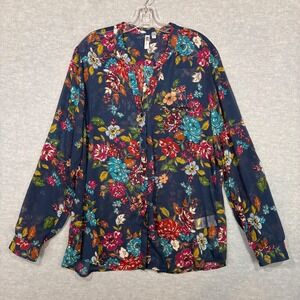KUT from the Kloth Navy Floral Button Down Blouse Roll Tab Sleeve Sheer XXL